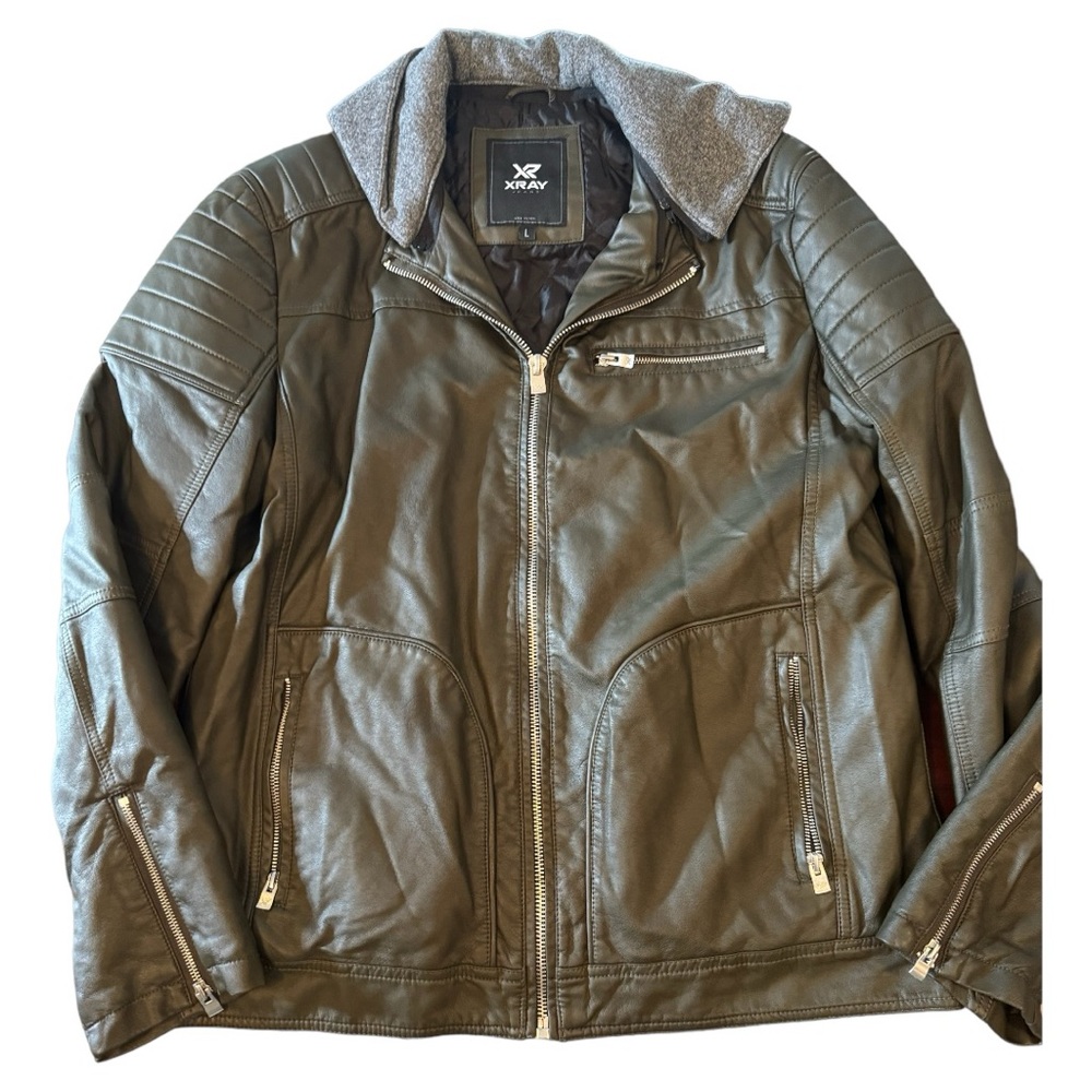 Xray Jeans Men’s Faux Leather Black Jacket With Detachable Gray Hood.  Size L